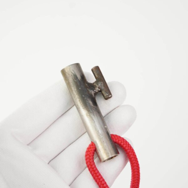Close-up of a T-Bar Rope Pulling Cleat for a djembe pulling table, hand made metal cleat.