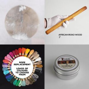Djembe repair kit containing a djembe skin, djembe rope, a pulling stick and raw shea butter. Works out cheaper than buying all items separately.
